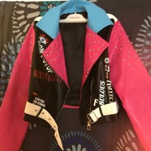 Pink blue & black leather jacket